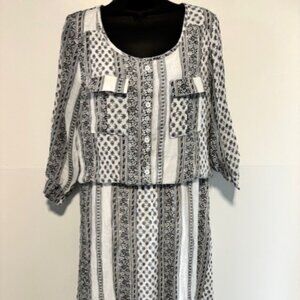 J Glee Dress L Black White Floral Striped Midi Blouson Roll Tab Casual Festival